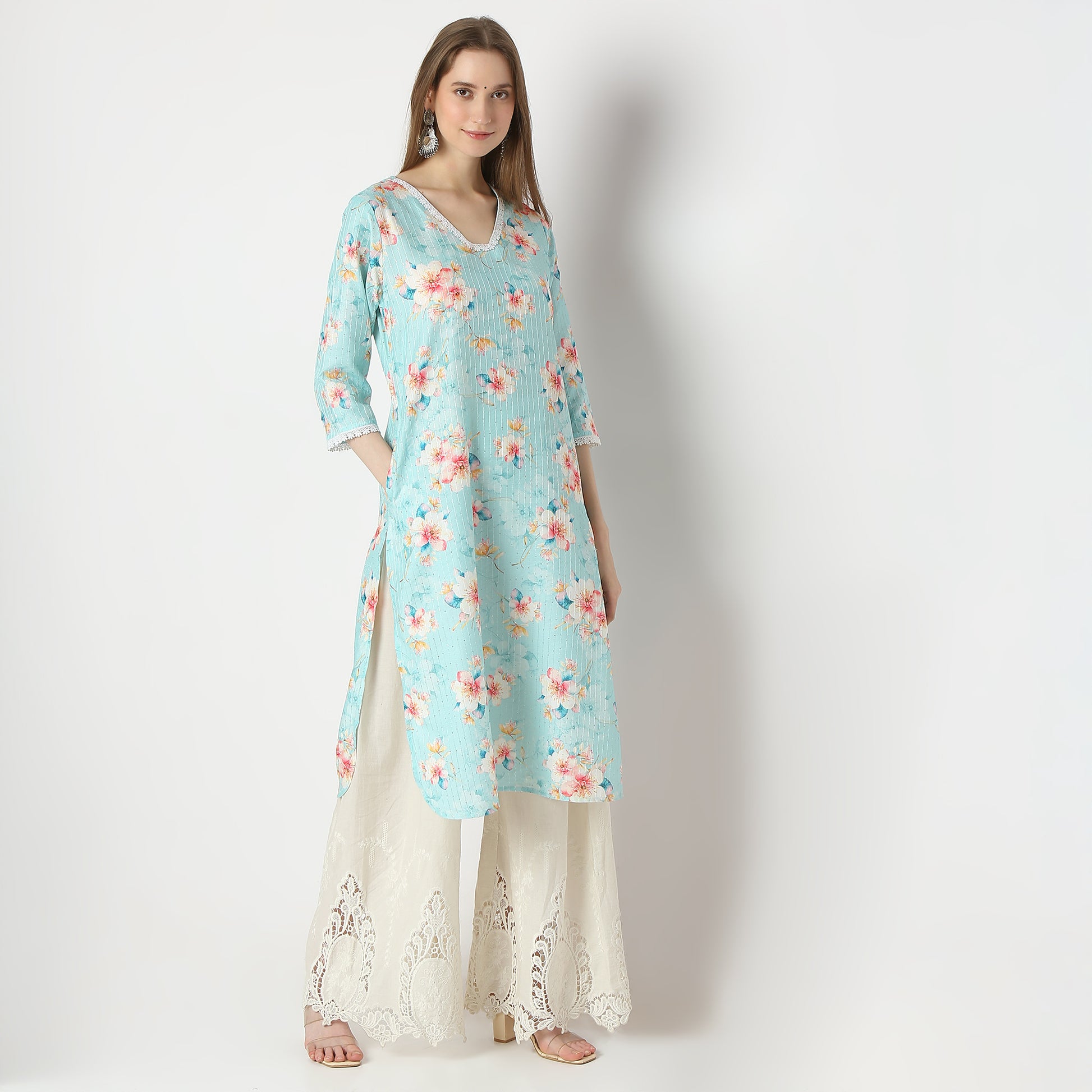 Printed V-Neck Straight Kurta