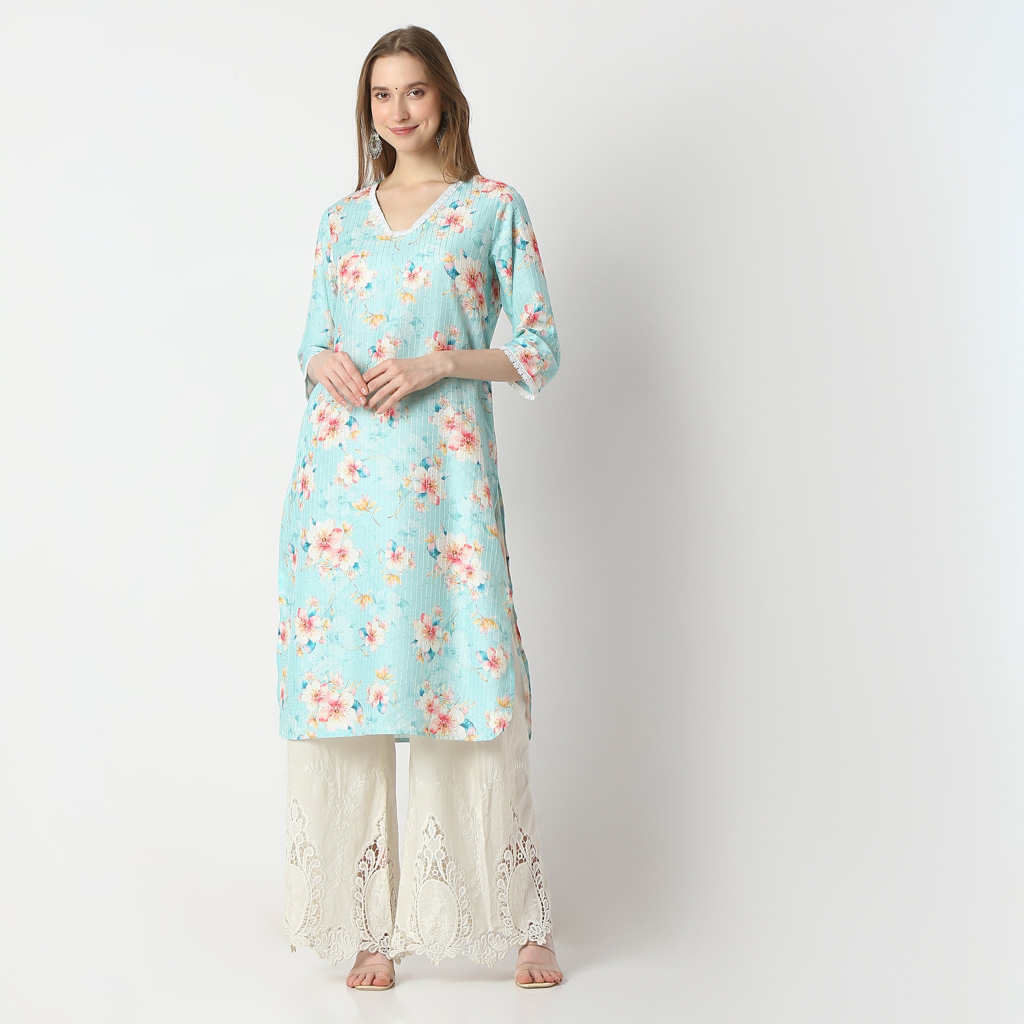 Printed V-Neck Straight Kurta