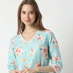 Printed V-Neck Straight Kurta