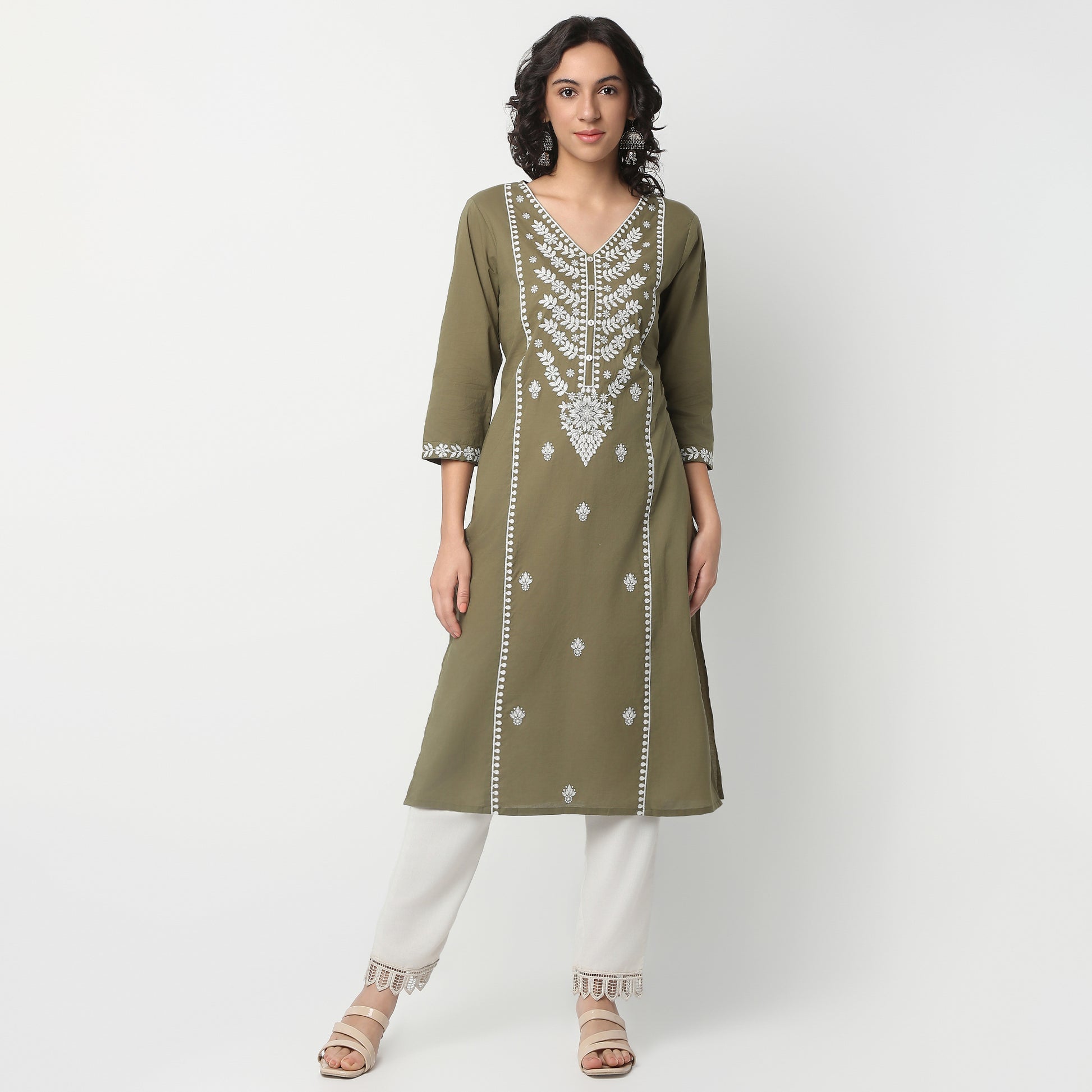 V-Neck Below Knee Three-Fourth Sleeve Straight Fit Embroidered Kurta