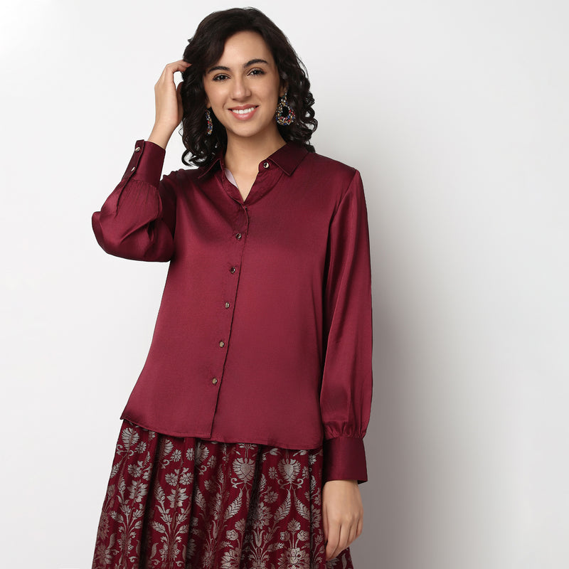 Buy Women Straight Fit Solid Full Sleeve Shirt  - Style Union
