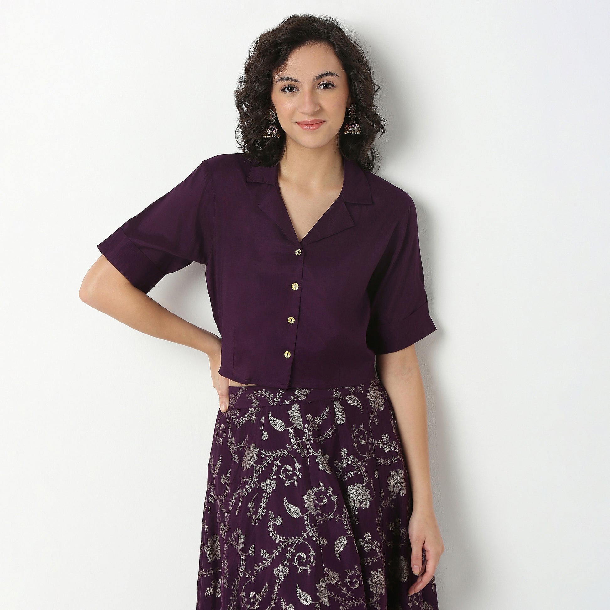 Polyester Crop Shirt with Lapel Collar