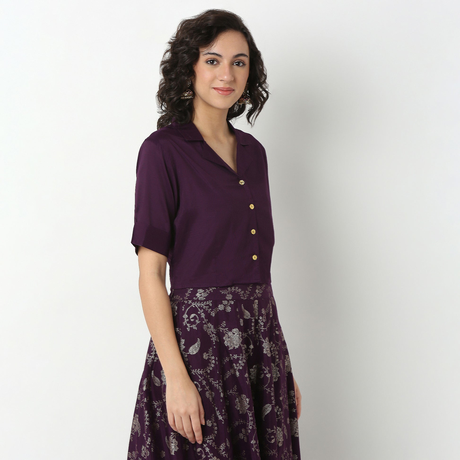 Polyester Crop Shirt with Lapel Collar