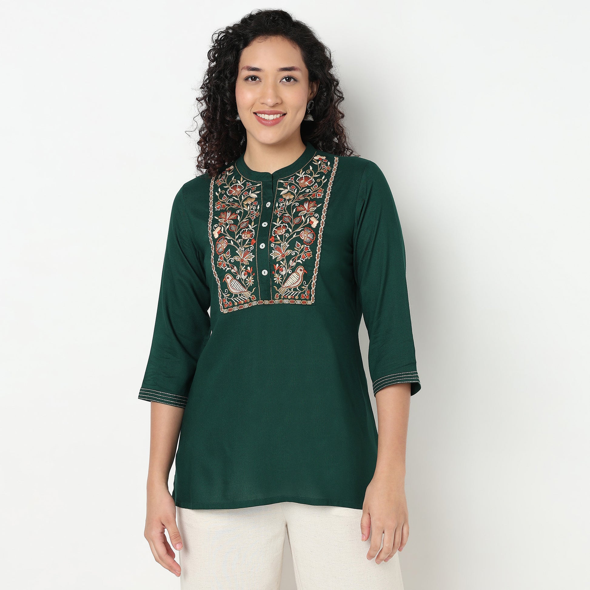 Buy Women Straight Fit Embroidered Three-Fourth Sleeve Kurta  - Style Union