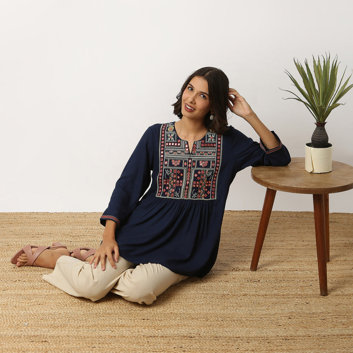 Buy Women Flare Fit Embroidered Three-Fourth Sleeve Kurta  - Style Union