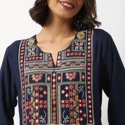 Buy Women Flare Fit Embroidered Three-Fourth Sleeve Kurta  - Style Union