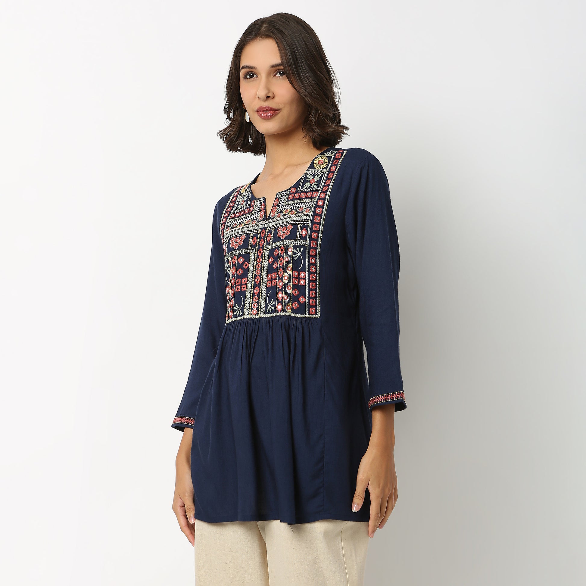 Buy Women Flare Fit Embroidered Three-Fourth Sleeve Kurta  - Style Union