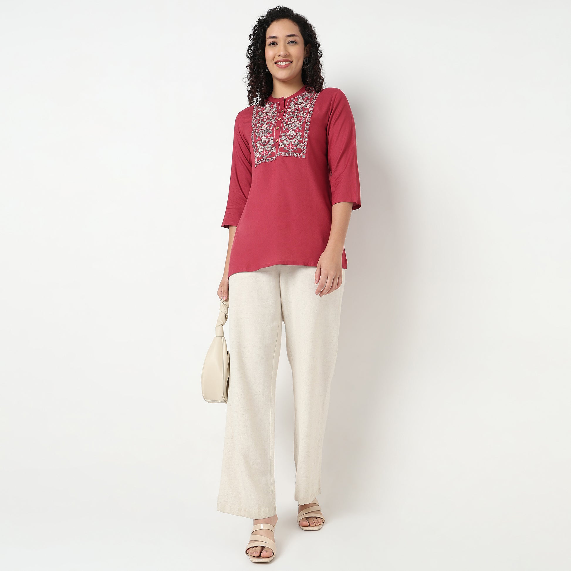 Buy Women Straight Fit Embroidered Three-Fourth Sleeve Kurta  - Style Union