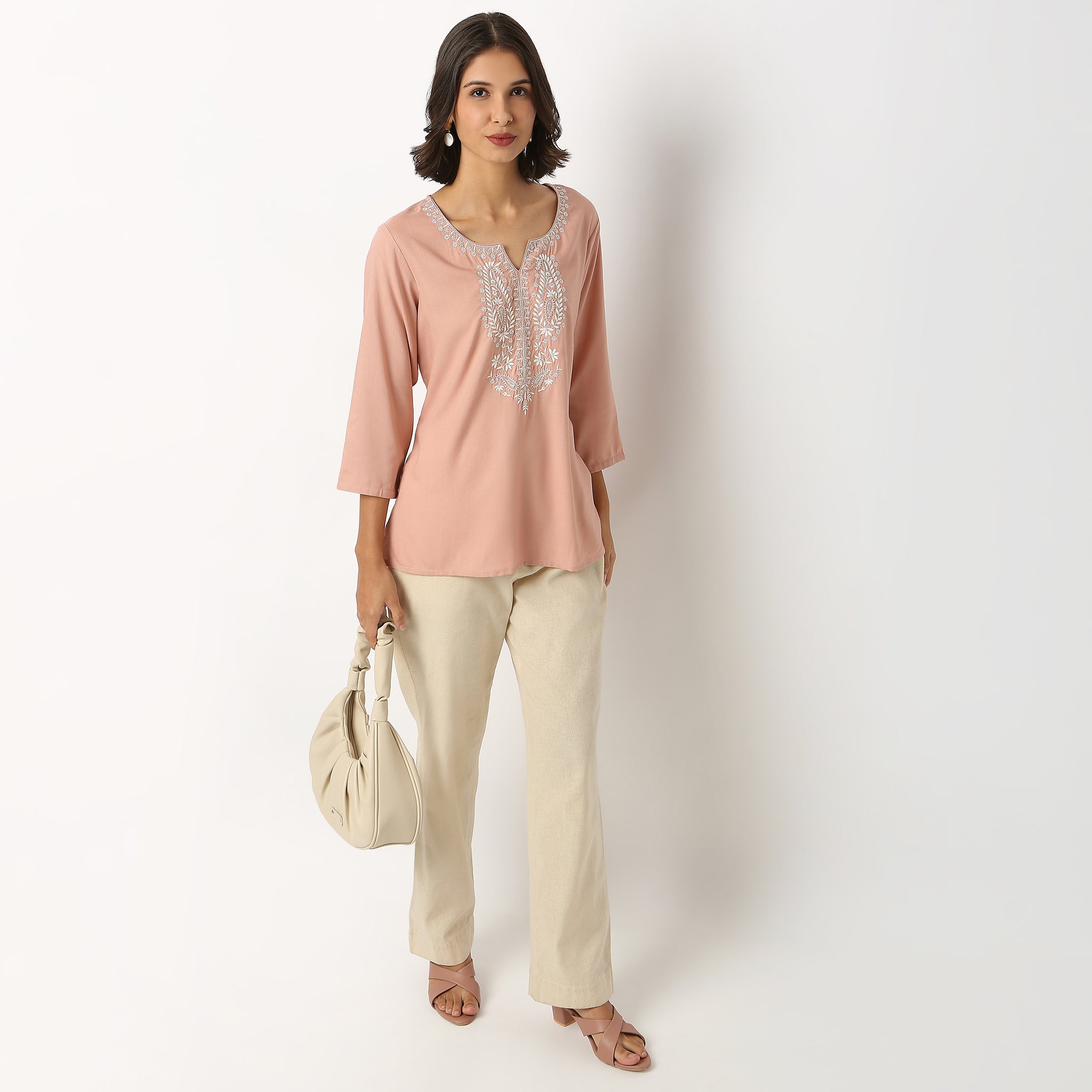 Buy Women Straight Fit Embroidered Three-Fourth Sleeve Kurta  - Style Union