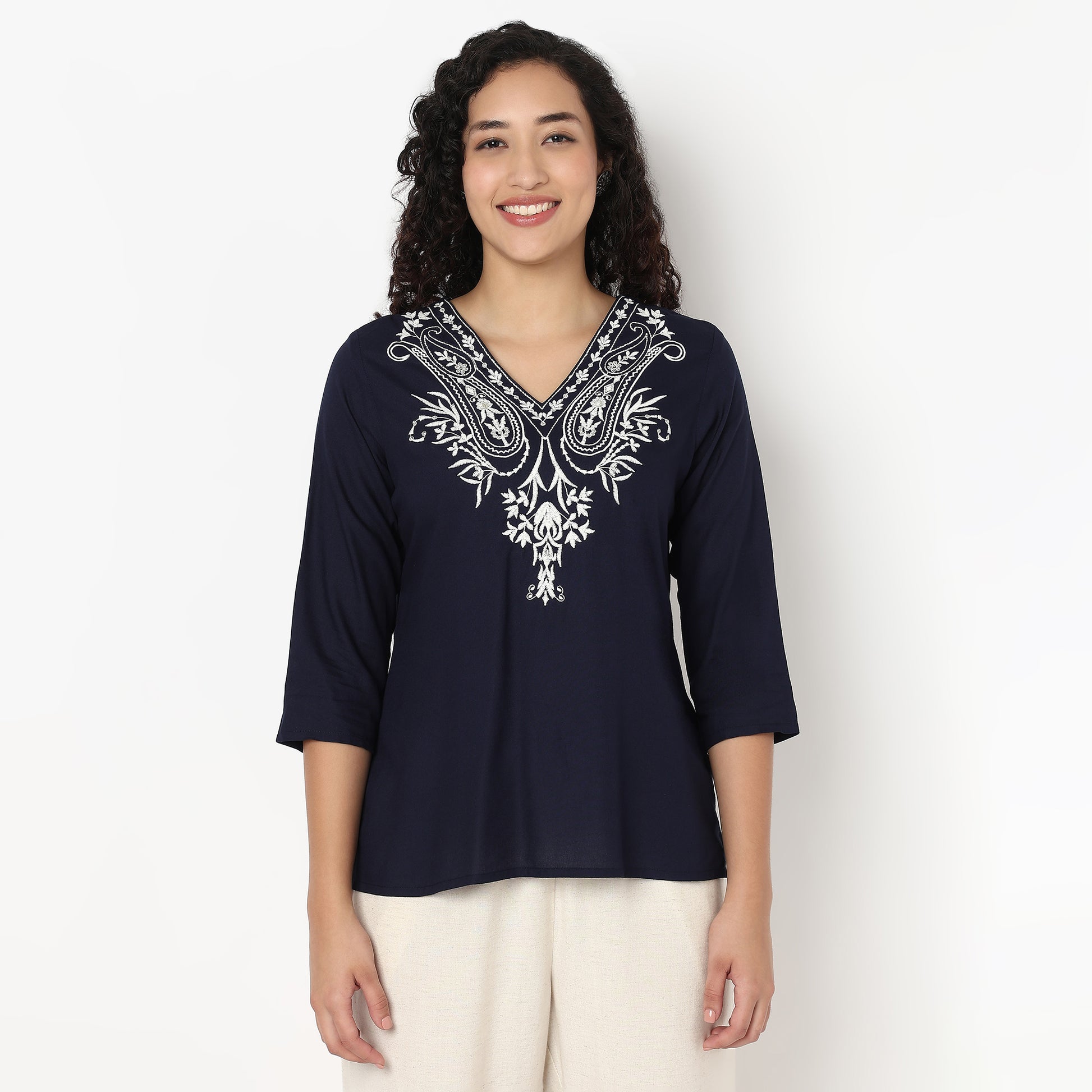 Embroidered V-Neck Short Kurta
