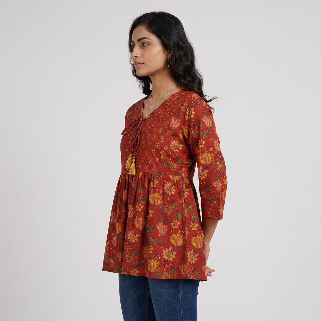 Cotton Printed V-Neck Flared Short Kurta