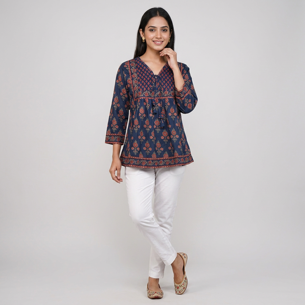 Cotton Printed V-Neck Short Kurta