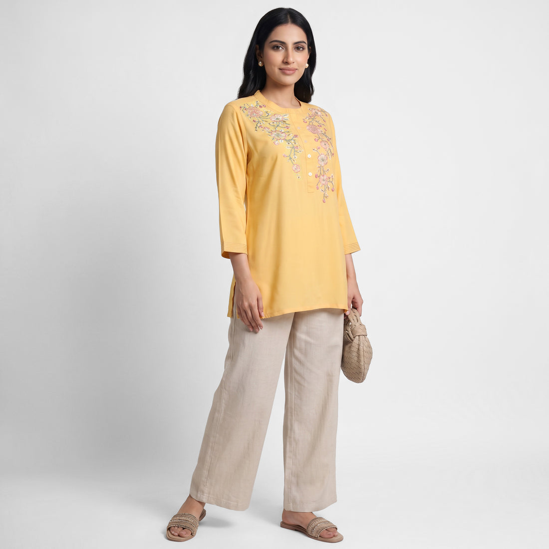 Solid Band Collar Straight Kurta