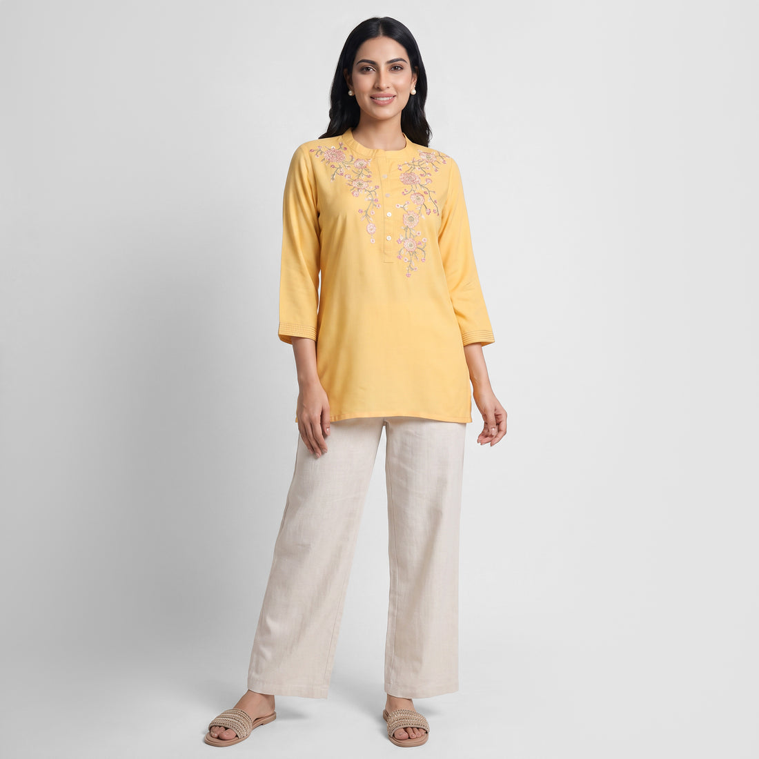 Solid Band Collar Straight Kurta