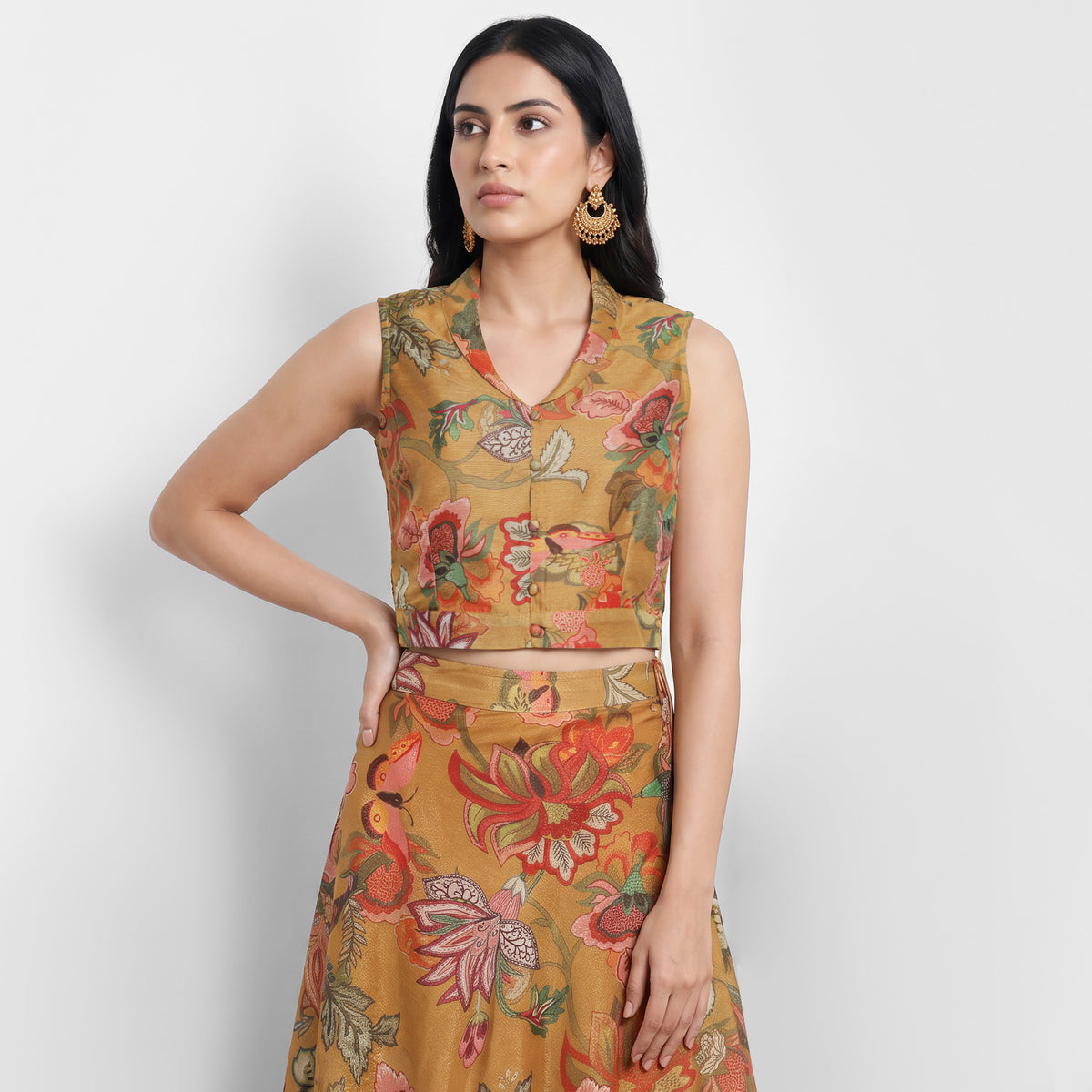Printed Lapel Collar Straight Crop Tops