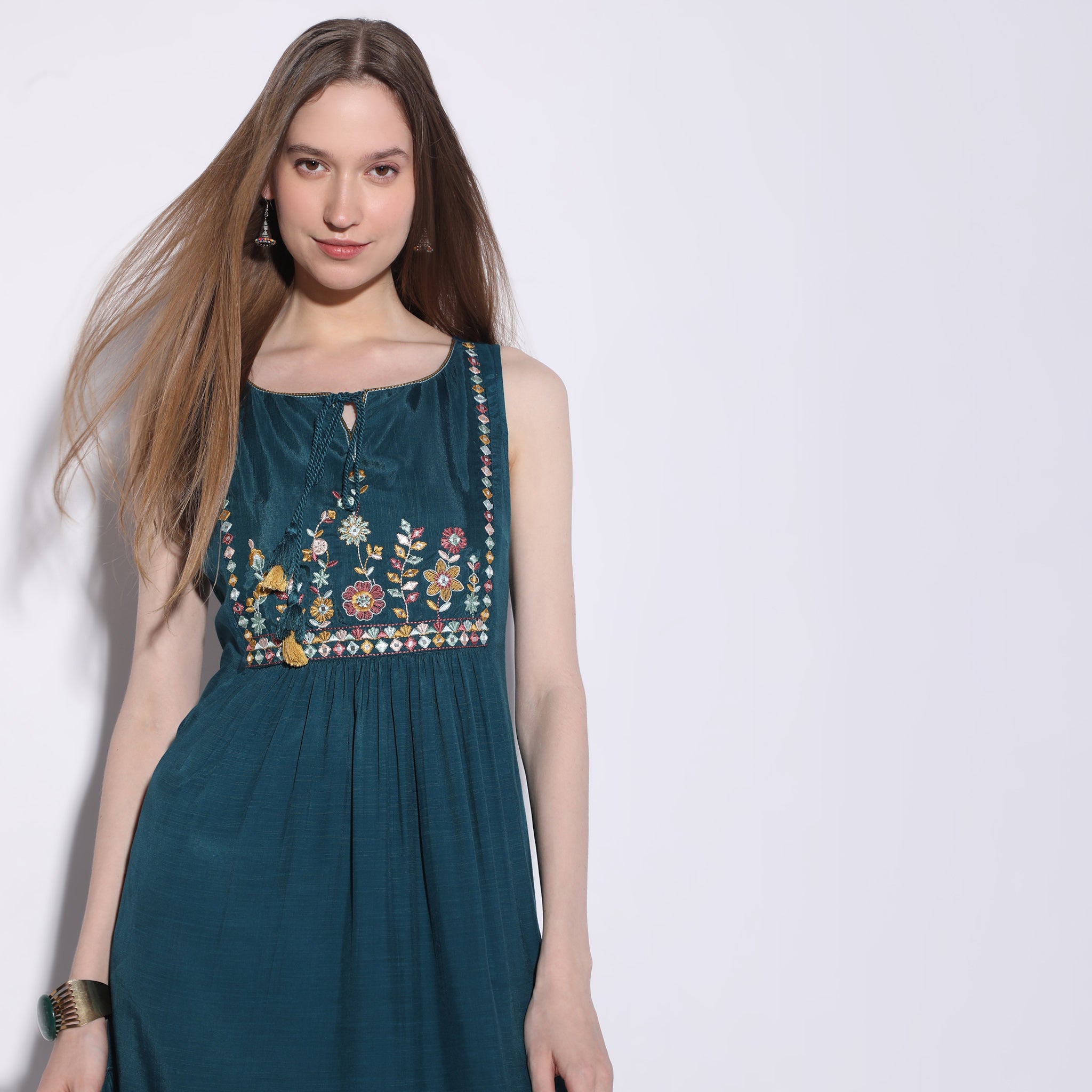 Flare Fit Embroidered Knee Length Sleeveless Dress