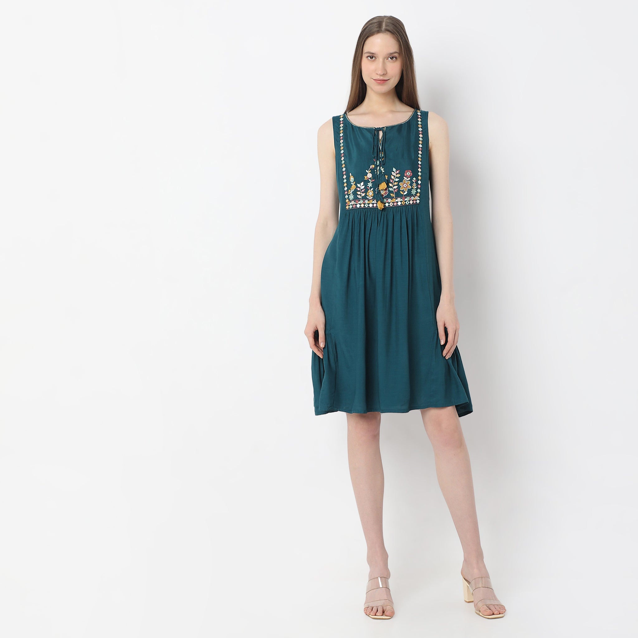Flare Fit Embroidered Knee Length Sleeveless Dress
