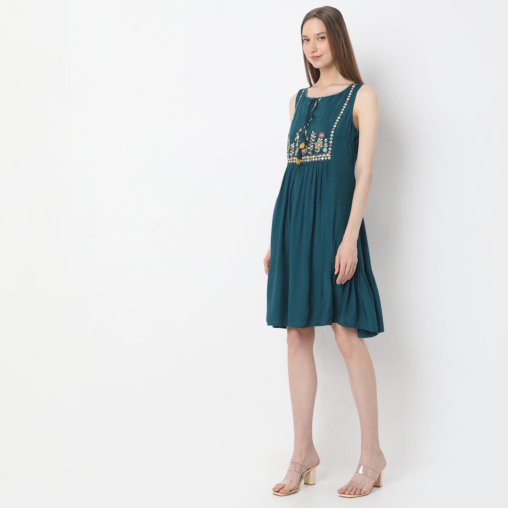 Flare Fit Embroidered Knee Length Sleeveless Dress