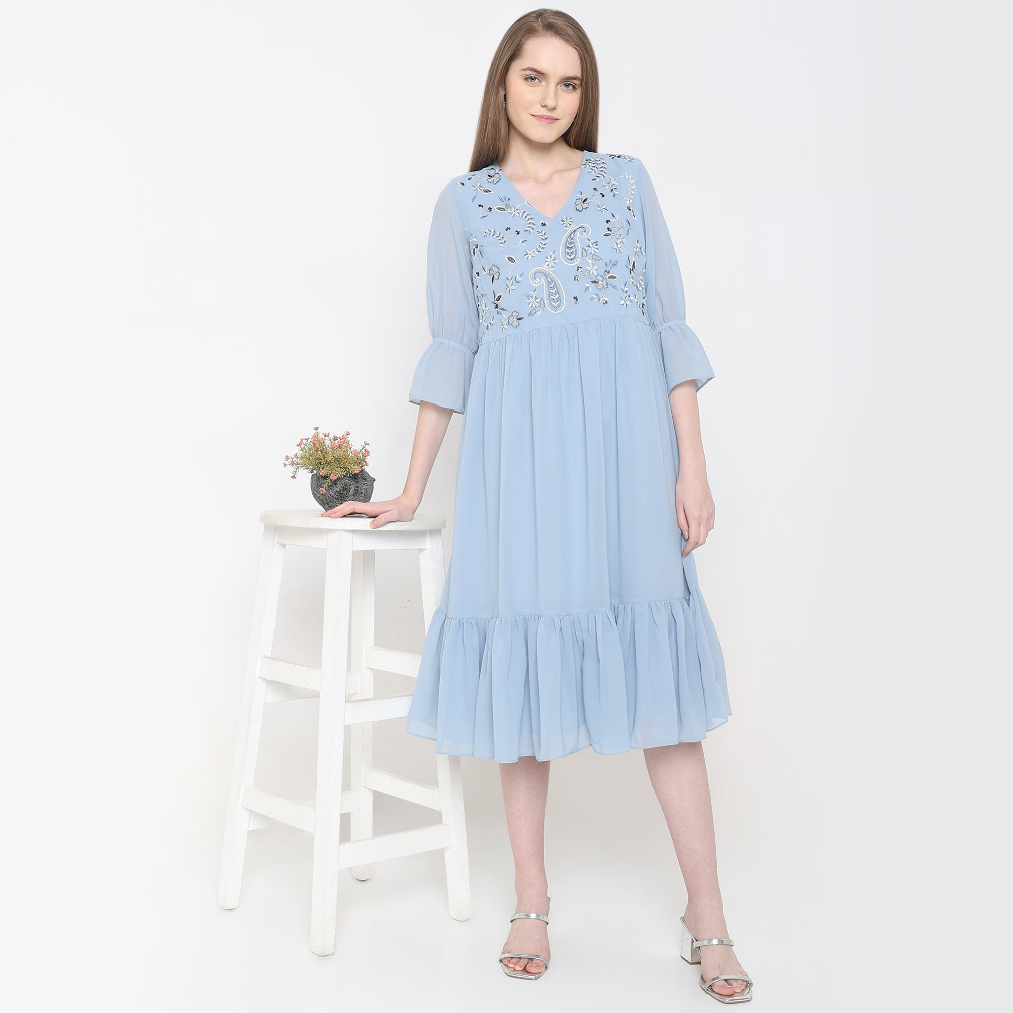 Flare Fit Embroidered Dress