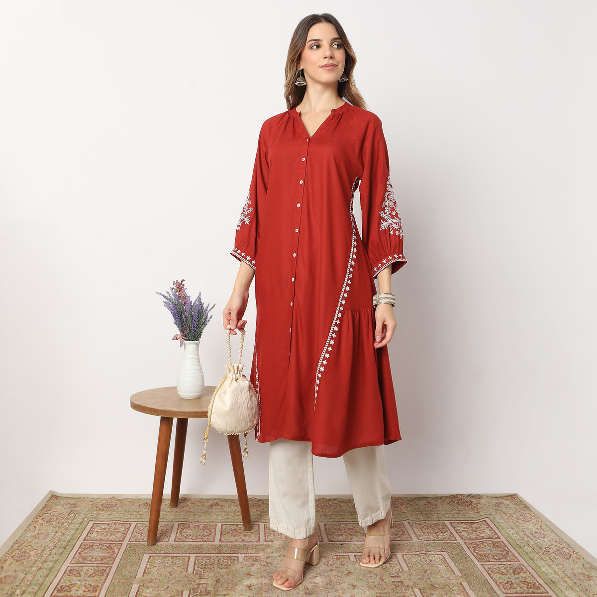 Flare Fit Embroidered Knee Length Band Collar Kurta