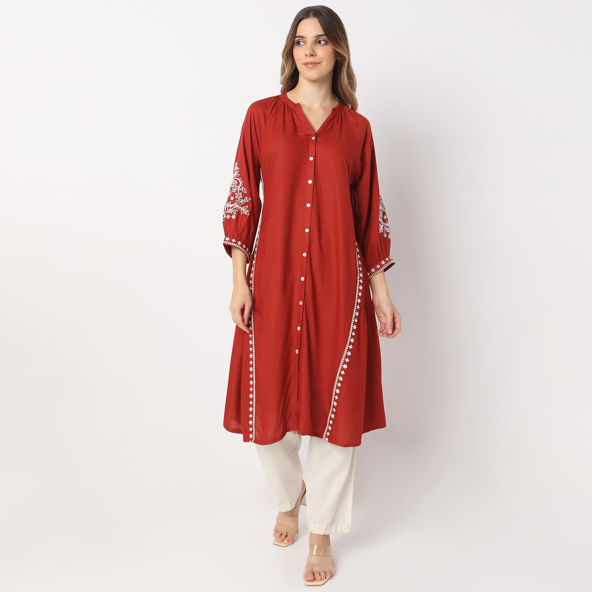 Flare Fit Embroidered Knee Length Band Collar Kurta