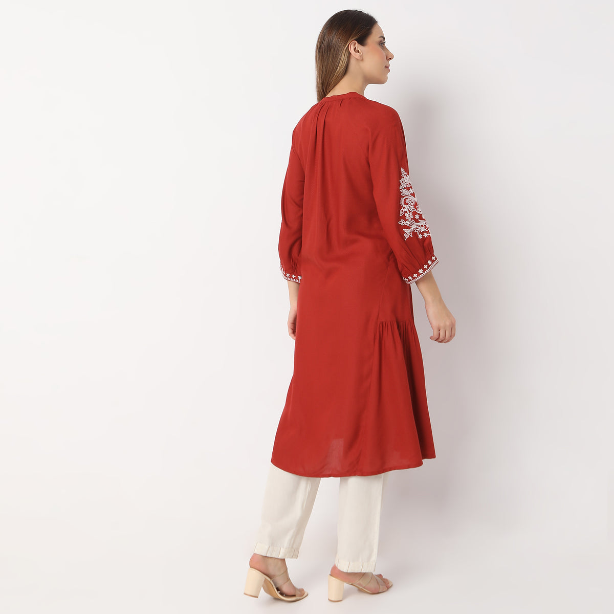 Flare Fit Embroidered Knee Length Band Collar Kurta