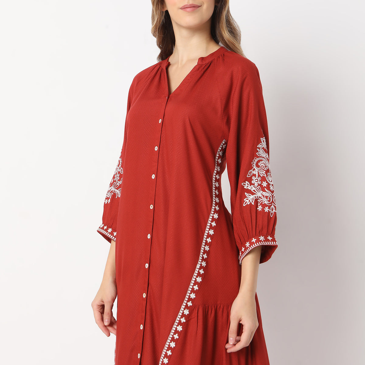 Flare Fit Embroidered Knee Length Band Collar Kurta