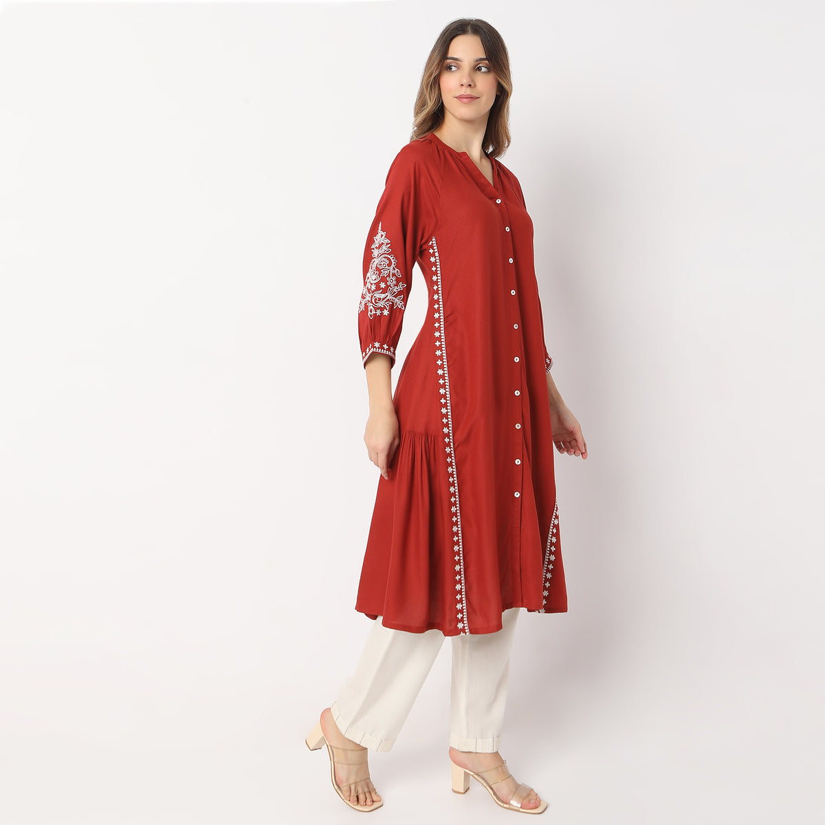 Flare Fit Embroidered Knee Length Band Collar Kurta