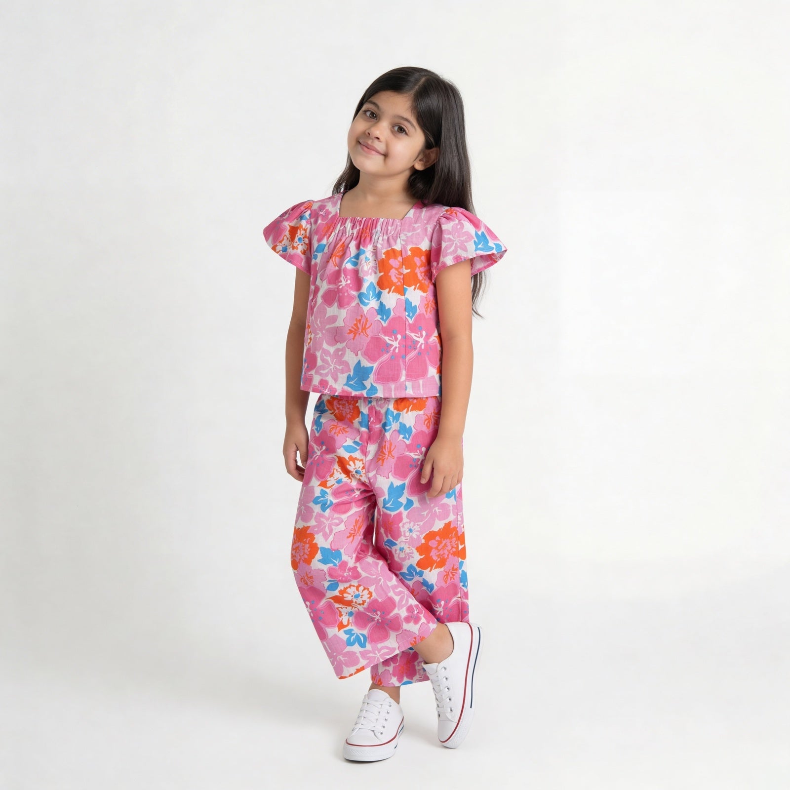 Girls Cotton Floral Print Wide Leg Pants