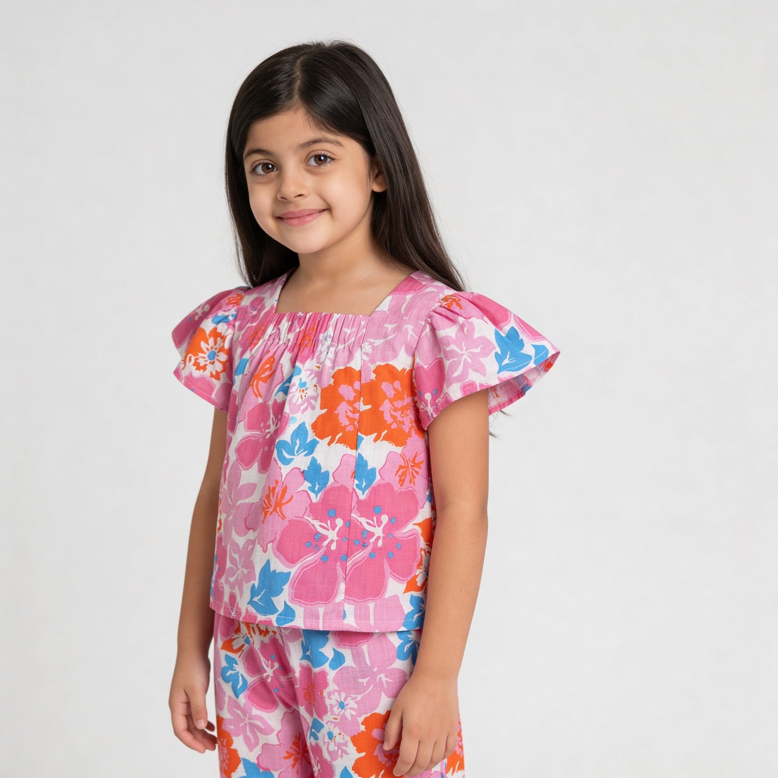 Girls Cotton Floral Print Wide Leg Pants