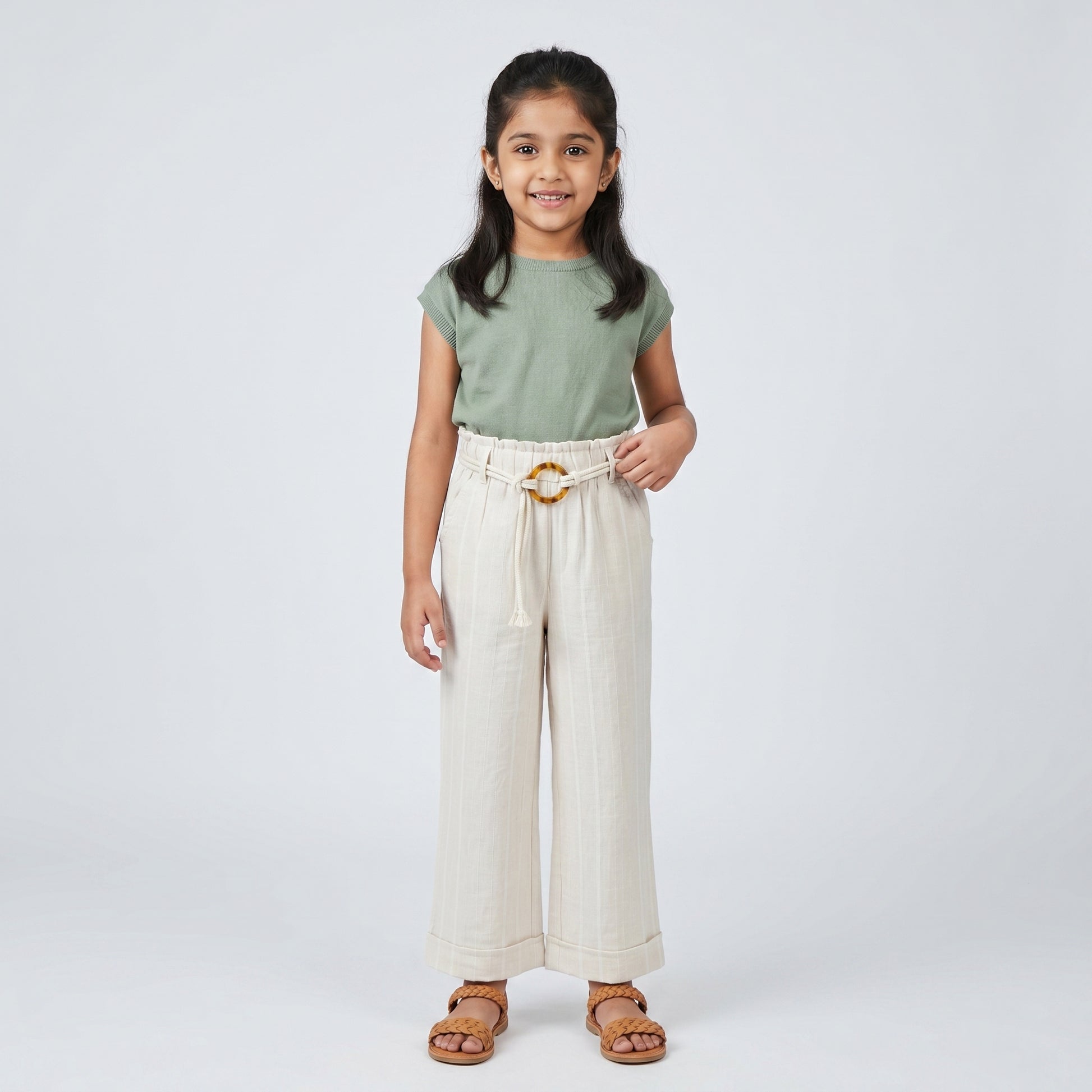Girls Straight Wide Leg Pants With Belt Detail