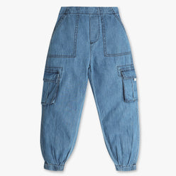 Girls Printed Fully Elasted with Side Pocket Denim Joggers