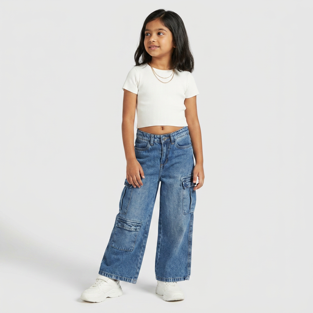 Girls Solid Denim Cargos