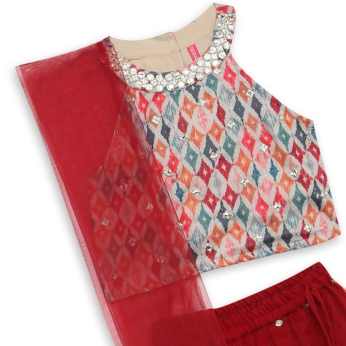 Girls Regular Fit Embellished Crop Top and Skirt with Dupatta Set