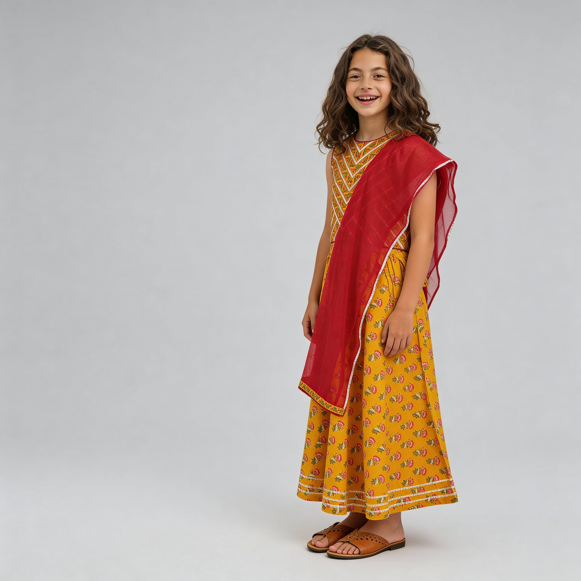 Girls Printed Choli with Skirt & with Dupatta Set