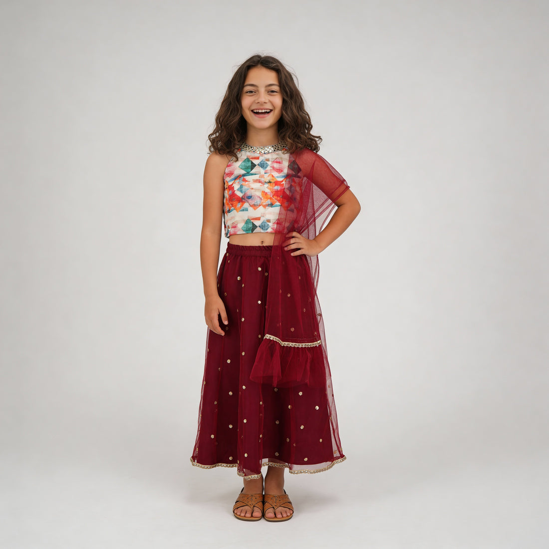 Girls Embellished Choli with Skirt & with Dupatta Set