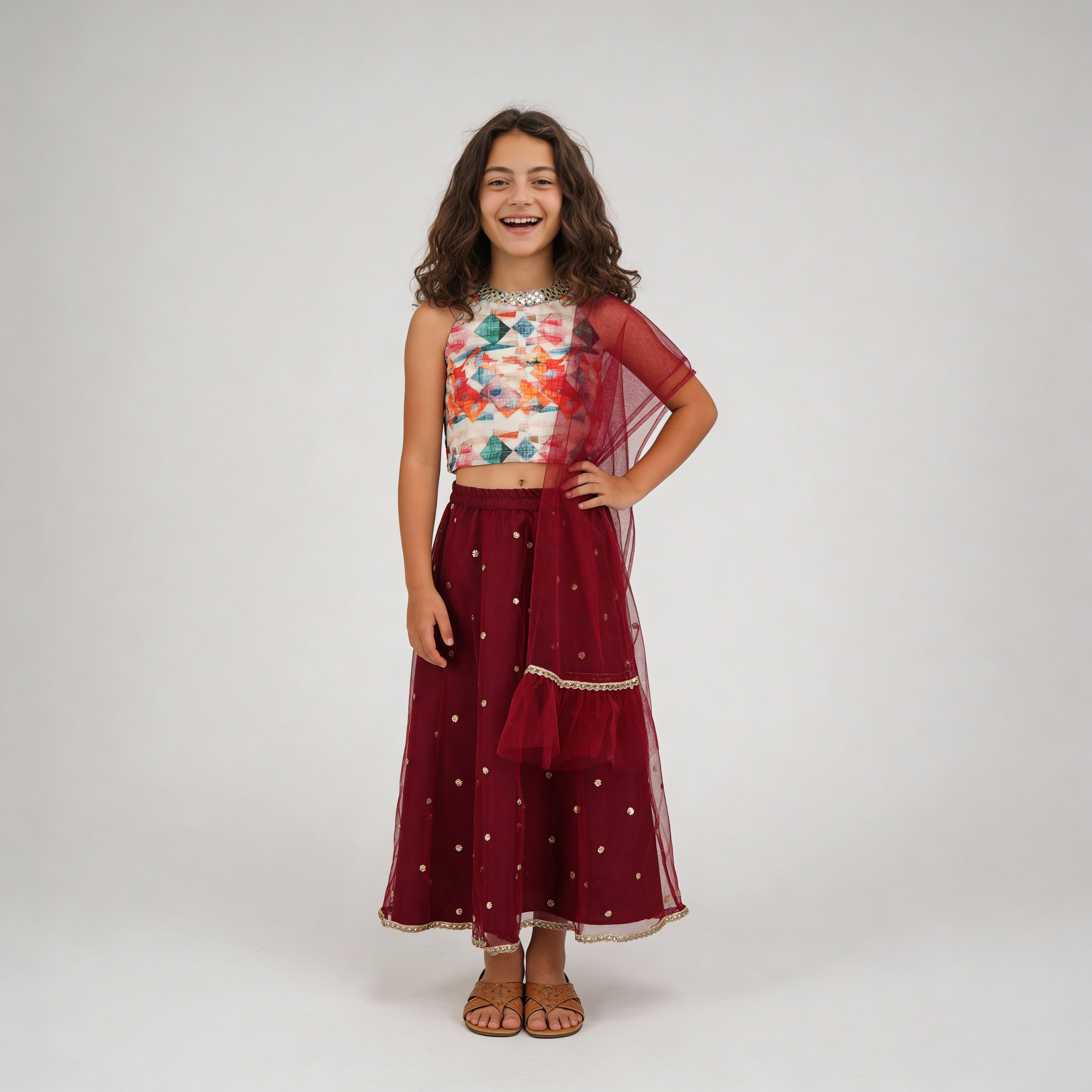 Girls Embellished Choli with Skirt & with Dupatta Set