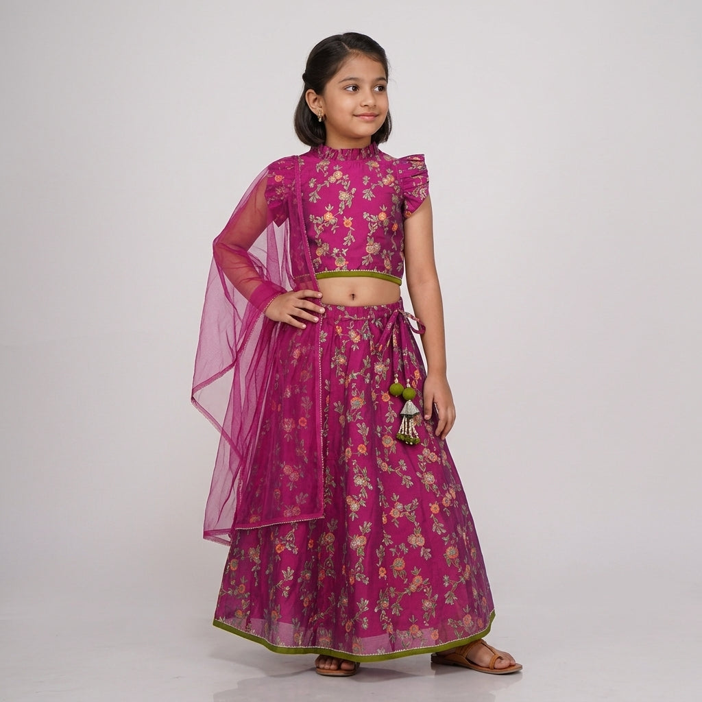 Girls Carrot Crop Printed Top with Skirt with Dupatta Set