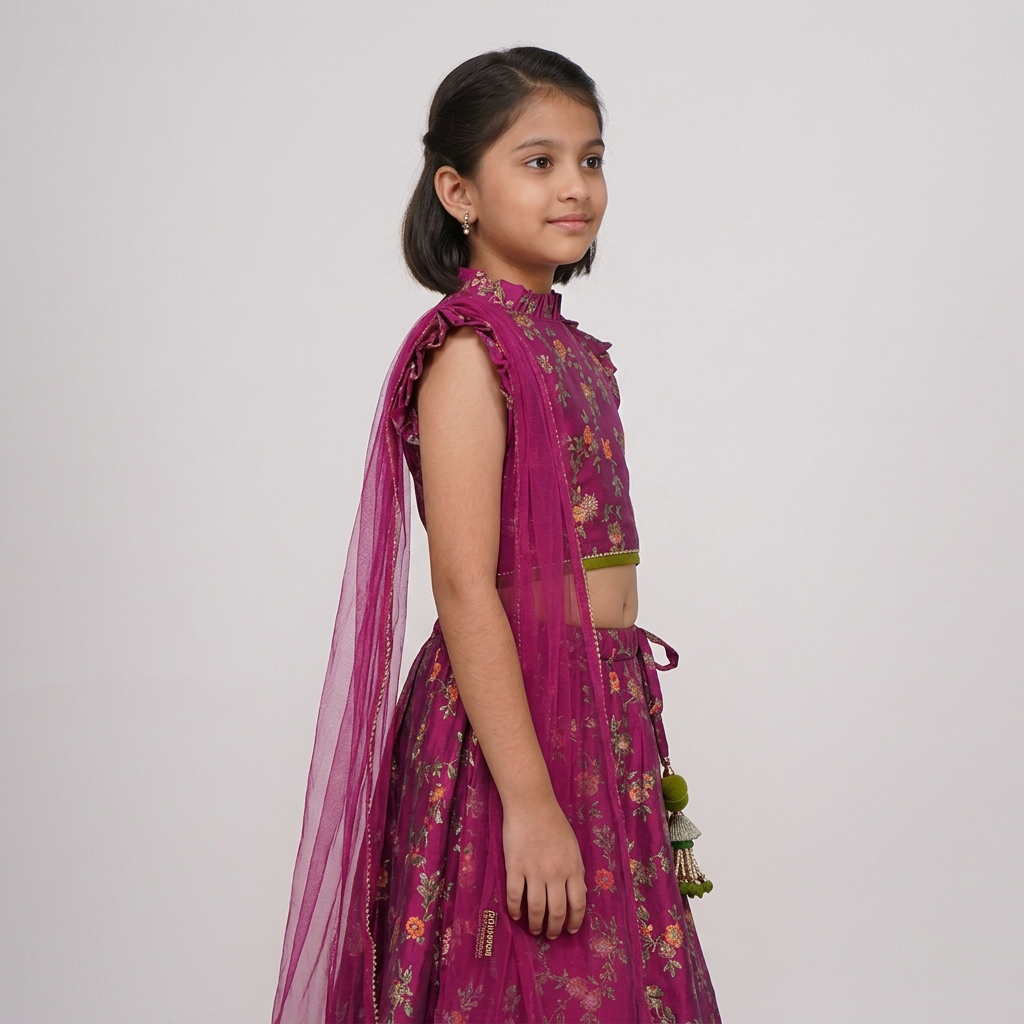Girls Carrot Crop Printed Top with Skirt with Dupatta Set