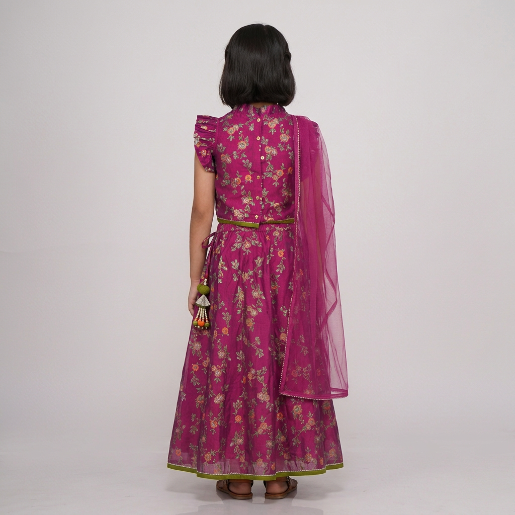 Girls Carrot Crop Printed Top with Skirt with Dupatta Set