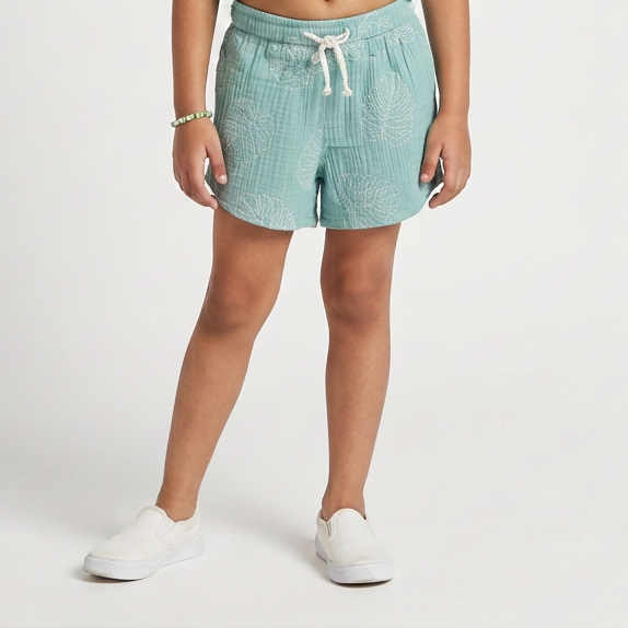 Girls Cotton Leaf Embroidered Shorts