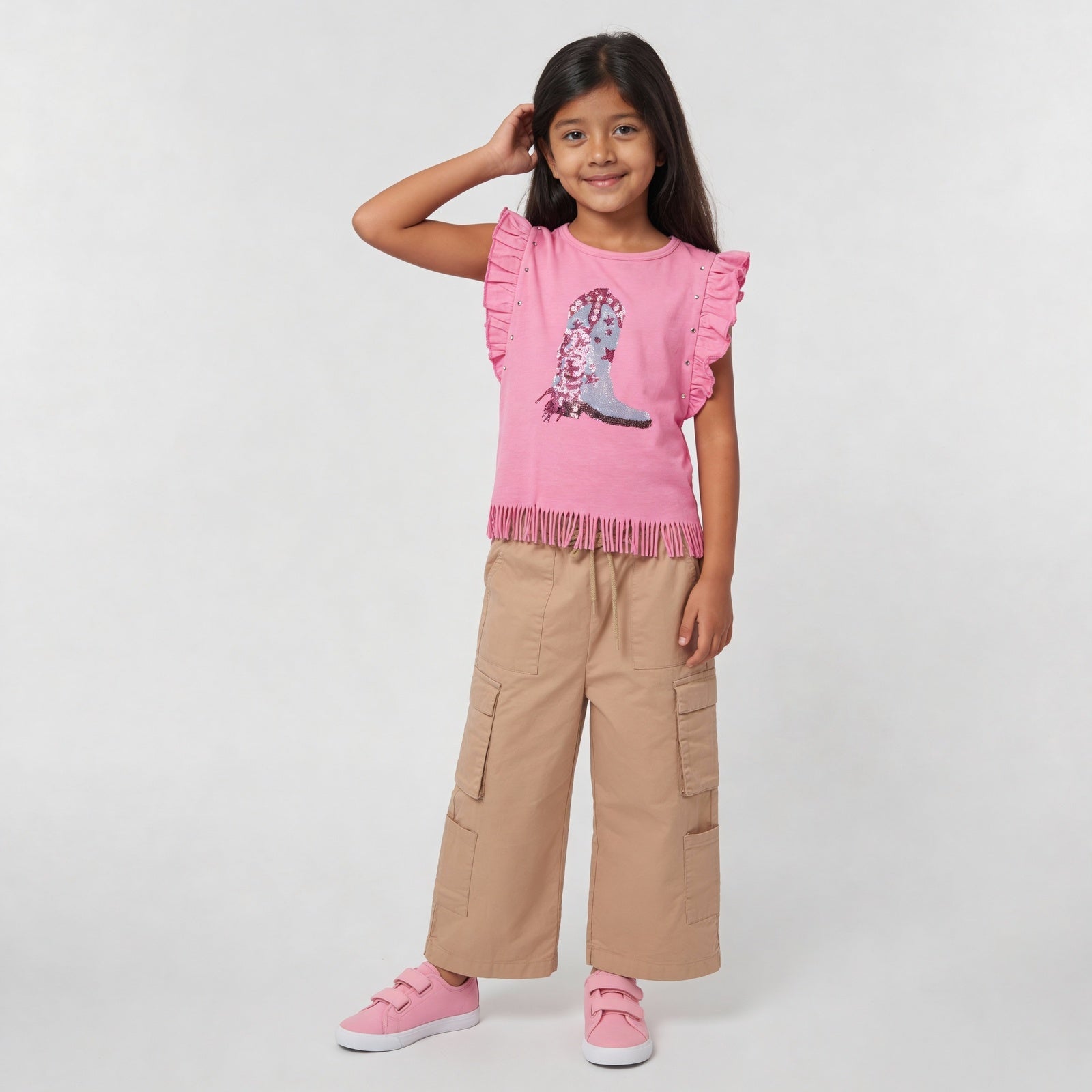 Cotton Embellished Ruffle Sleeve T-Shirt