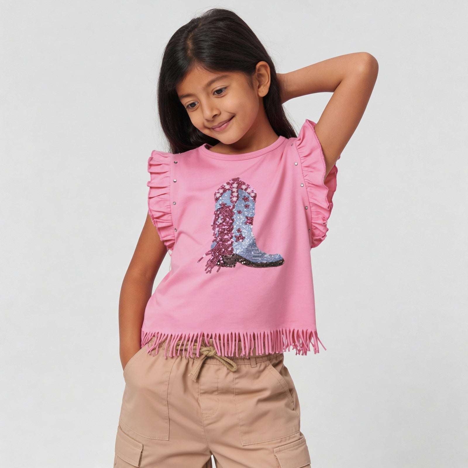 Cotton Embellished Ruffle Sleeve T-Shirt