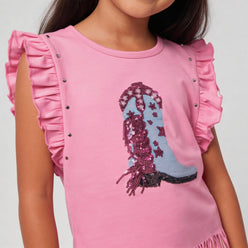 Cotton Embellished Ruffle Sleeve T-Shirt