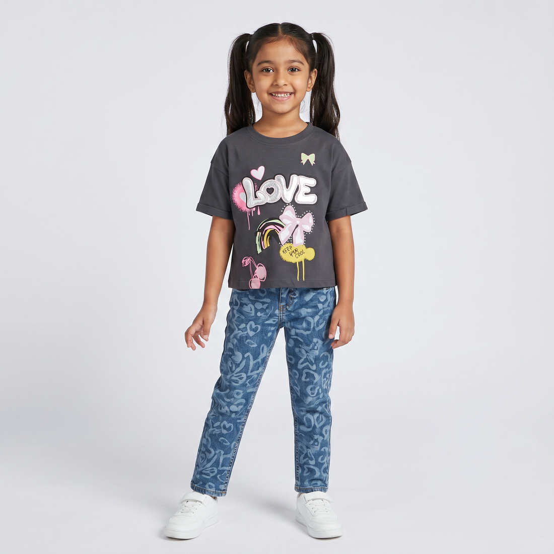 Girls Cotton Printed Crew Neck Boxy T-Shirt