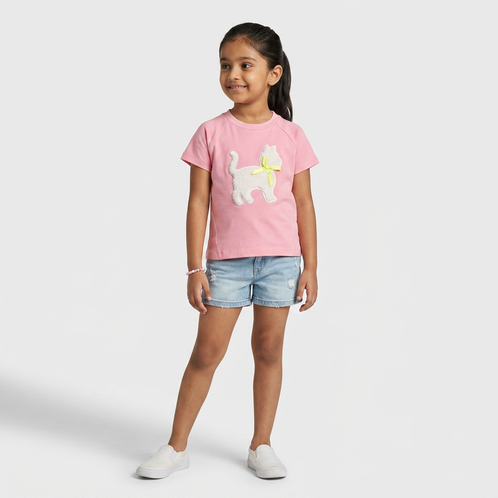 Girls Cotton Embroidered Crew Neck T-Shirt