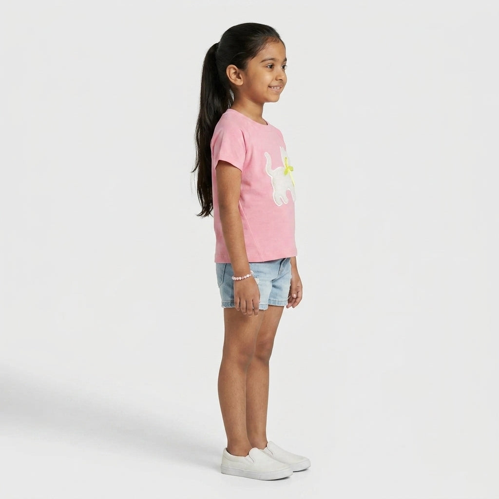 Girls Cotton Embroidered Crew Neck T-Shirt