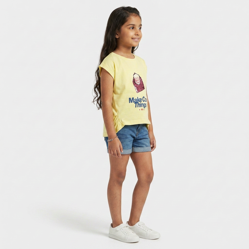 Girls Cotton Printed Crew Neck T-Shirt