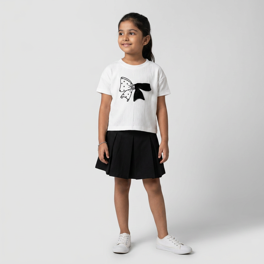 Girls Crew Neck Half 3D Bow Crinkle T-Shirt