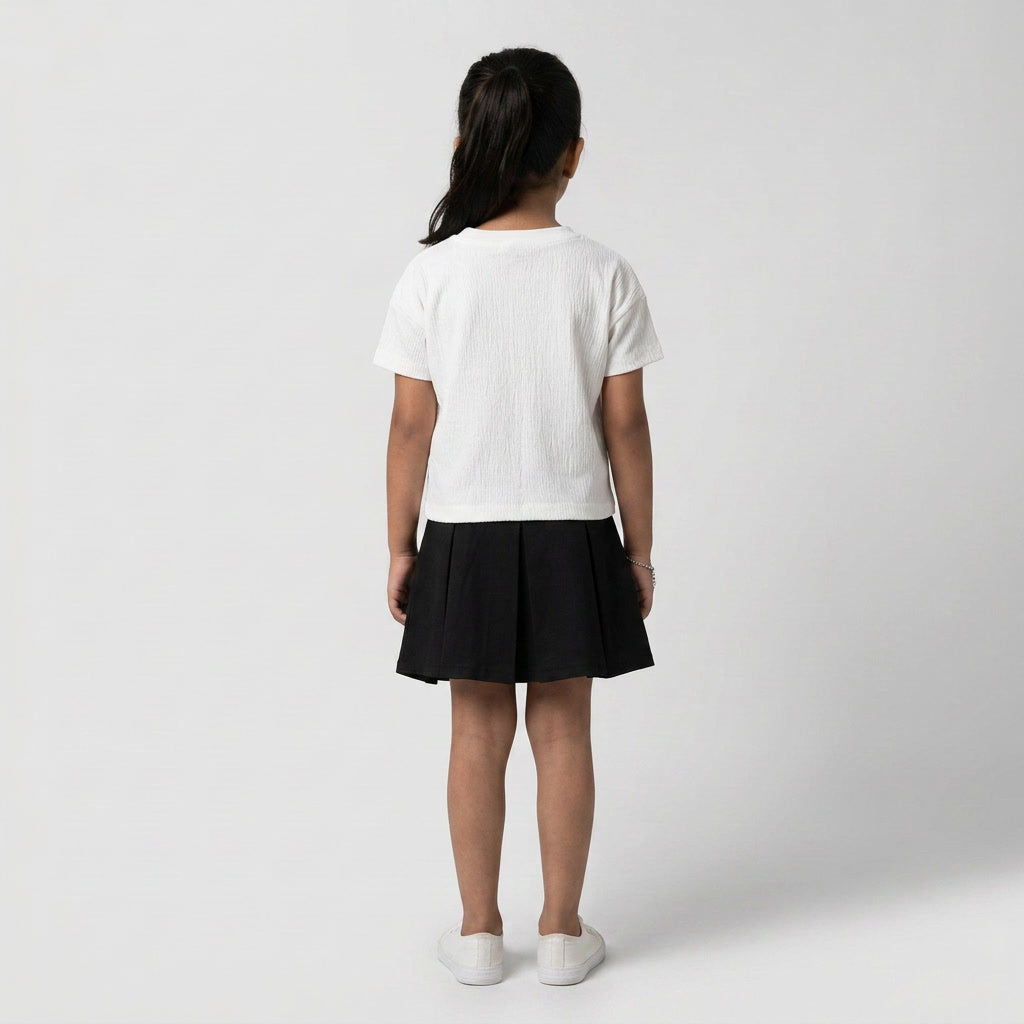Girls Crew Neck Half 3D Bow Crinkle T-Shirt